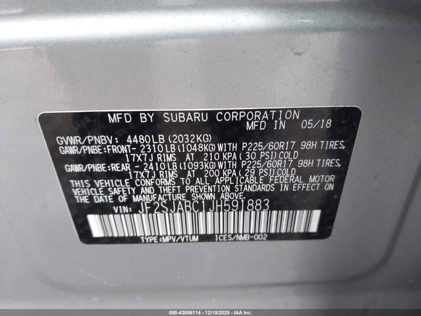 2018 Subaru Forester 2.5I VIN: JF2SJABC1JH591883 Lot: 43886114