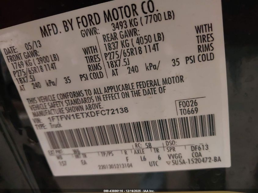 2013 Ford F-150 Lariat VIN: 1FTFW1ETXDFC72138 Lot: 43886116