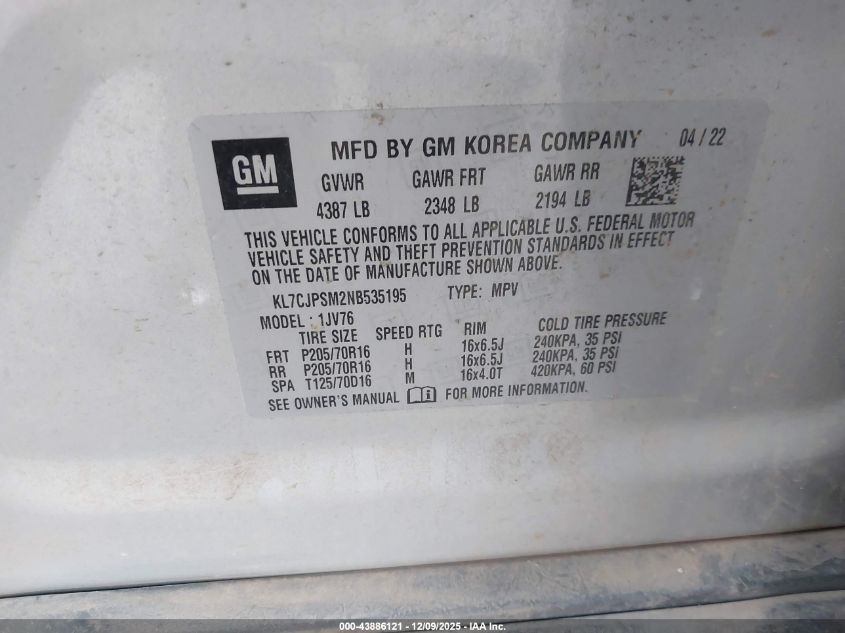 2022 Chevrolet Trax Awd Lt VIN: KL7CJPSM2NB535195 Lot: 43886121