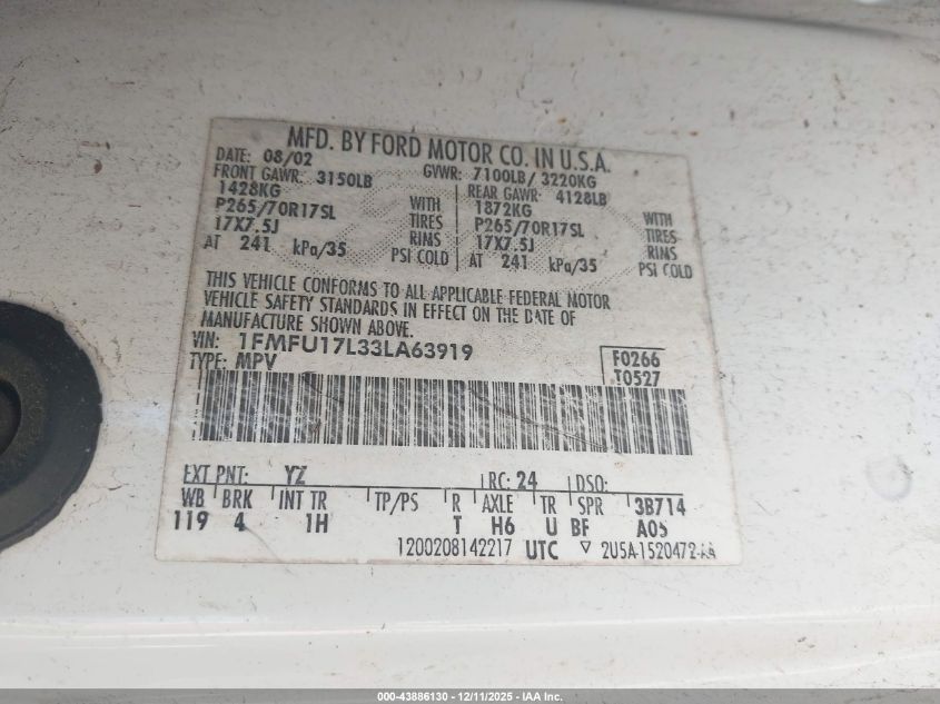 2003 Ford Expedition Eddie Bauer VIN: 1FMFU17L33LA63919 Lot: 43886130