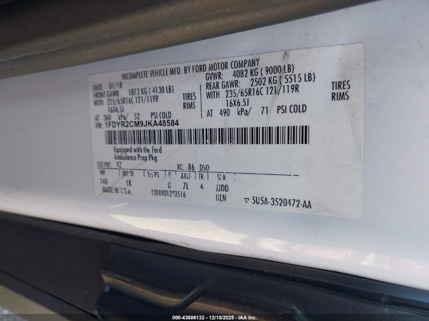 2018 Ford Transit-250 VIN: 1FDYR2CM9JKA48584 Lot: 43886132