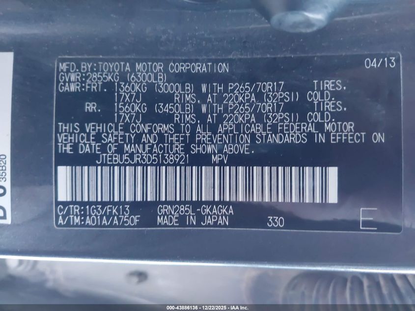 2013 Toyota 4Runner Sr5 VIN: JTEBU5JR3D5138921 Lot: 43886136