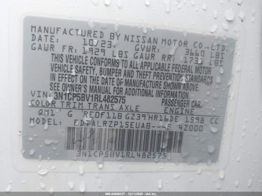 2024 Nissan Kicks S Xtronic Cvt VIN: 3N1CP5BV1RL482575 Lot: 43886137