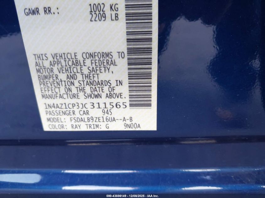 2018 Nissan Leaf S VIN: 1N4AZ1CP3JC311565 Lot: 43886149