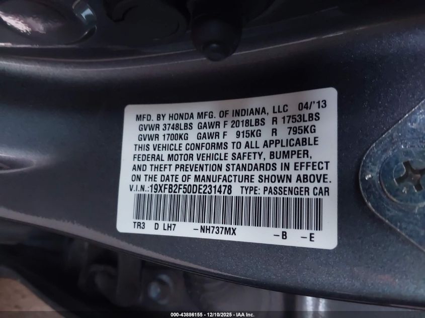 2013 Honda Civic Lx VIN: 19XFB2F50DE231478 Lot: 43886155