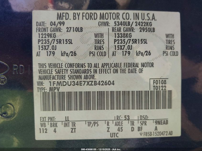 1999 Ford Explorer Eddie Bauer/Limited/Xlt VIN: 1FMDU34E7XZB42604 Lot: 43886159