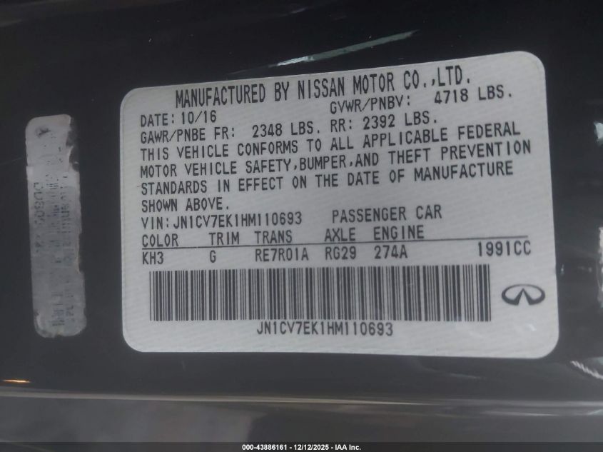 2017 Infiniti Q60 2.0T VIN: JN1CV7EK1HM110693 Lot: 43886161