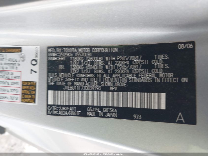 2007 Toyota Fj Cruiser VIN: JTEBU11F770039793 Lot: 43886169