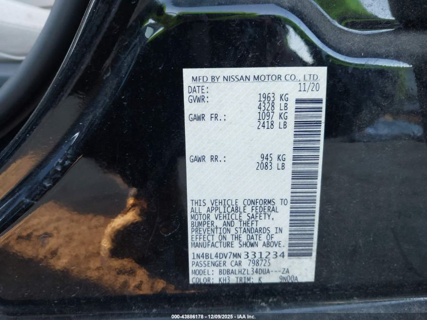 2021 Nissan Altima Sv Fwd VIN: 1N4BL4DV7MN331234 Lot: 43886178