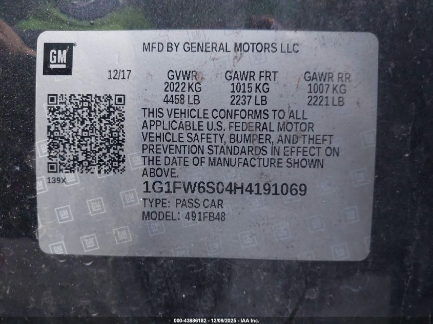 2017 Chevrolet Bolt Ev Lt VIN: 1G1FW6S04H4191069 Lot: 43886182