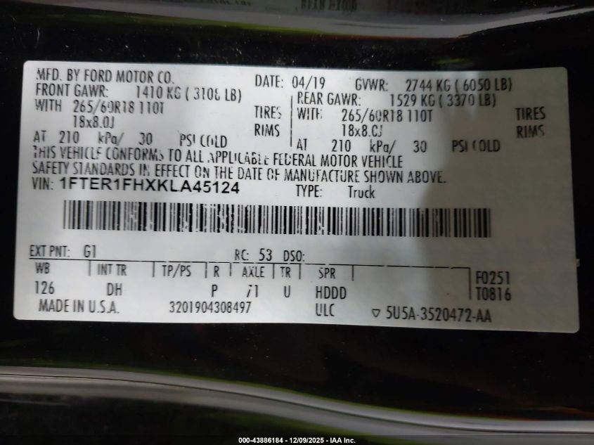 2019 Ford Ranger Lariat VIN: 1FTER1FHXKLA45124 Lot: 43886184