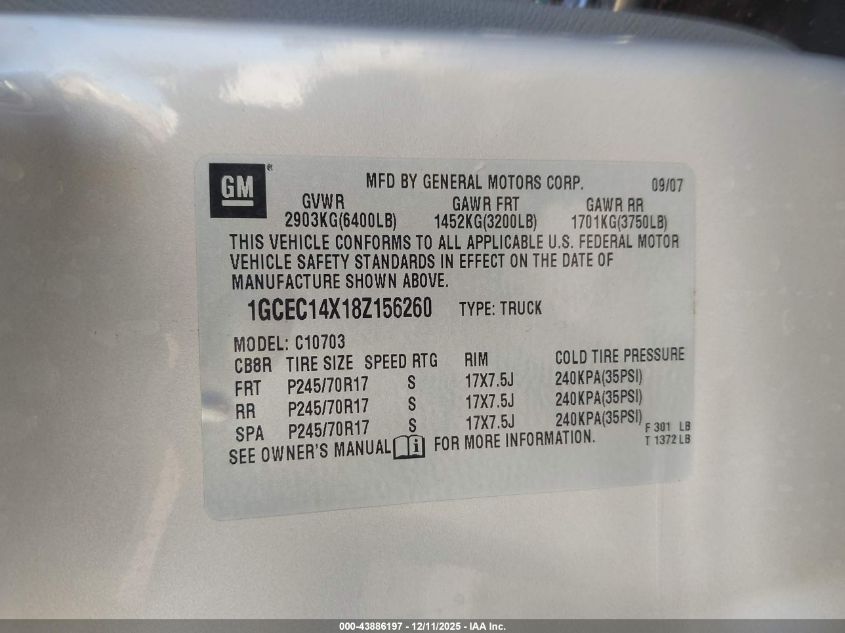 2008 Chevrolet Silverado 1500 Work Truck VIN: 1GCEC14X18Z156260 Lot: 43886197