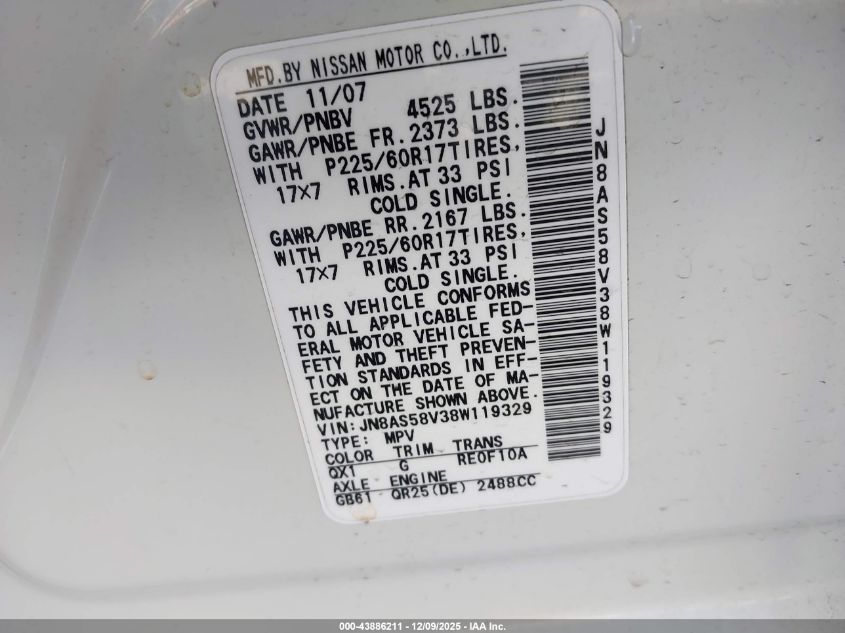 2008 Nissan Rogue Sl VIN: JN8AS58V38W119329 Lot: 43886211