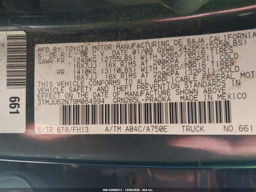 2009 Toyota Tacoma Prerunner V6 VIN: 3TMJU62N79M084994 Lot: 43886213