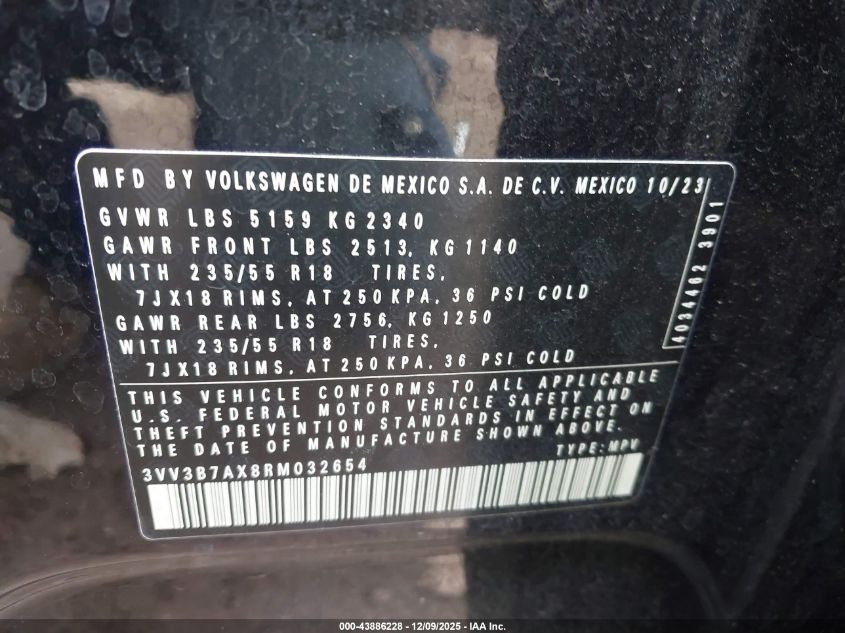 2024 Volkswagen Tiguan 2.0T Se/2.0T Wolfsburg Edition VIN: 3VV3B7AX8RM032654 Lot: 43886228
