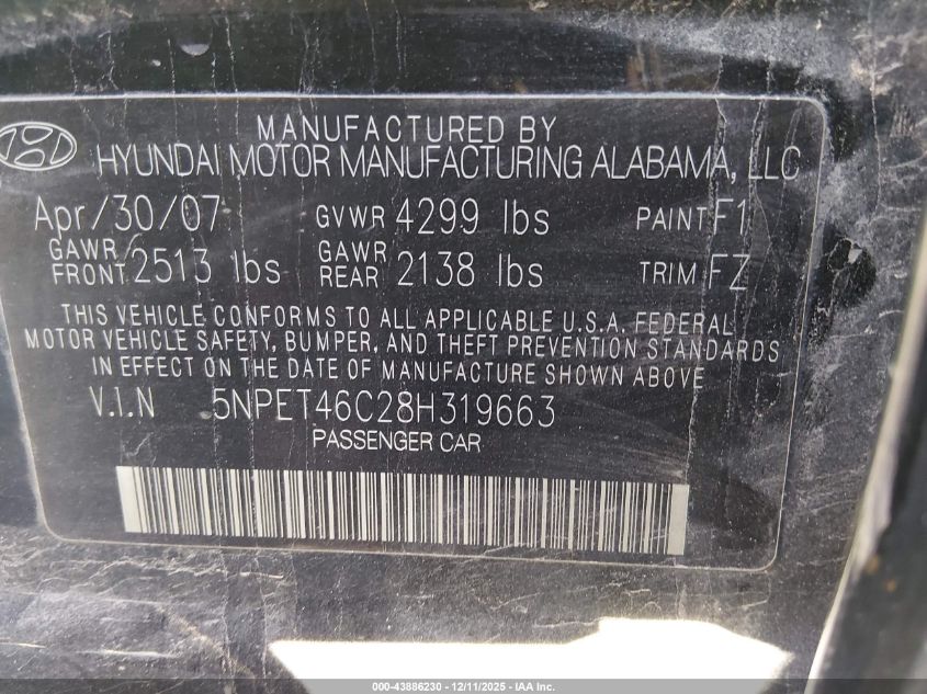 2008 Hyundai Sonata Gls VIN: 5NPET46C28H319663 Lot: 43886230