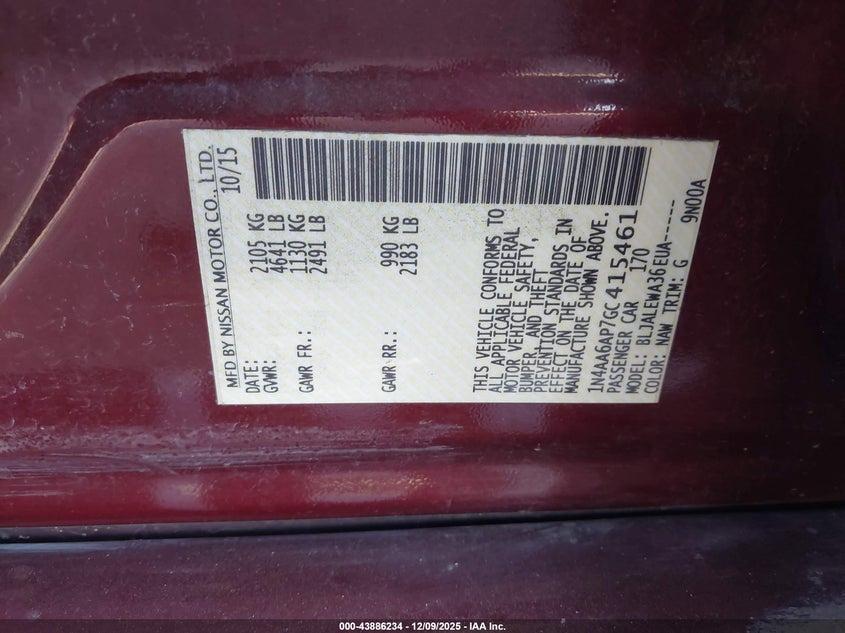 1N4AA6AP7GC415461 2016 NISSAN MAXIMA photo no. 9