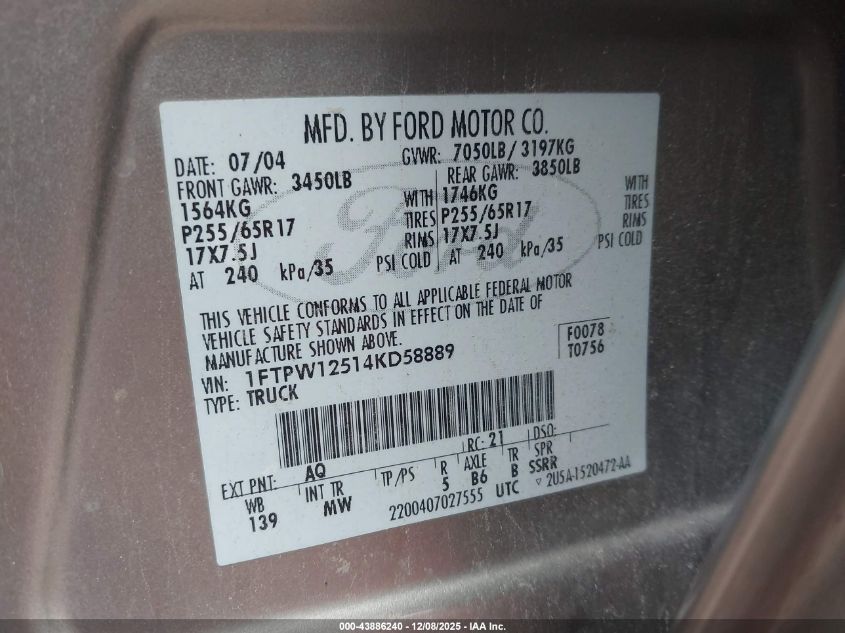 2004 Ford F-150 Lariat/Xlt VIN: 1FTPW12514KD58889 Lot: 43886240