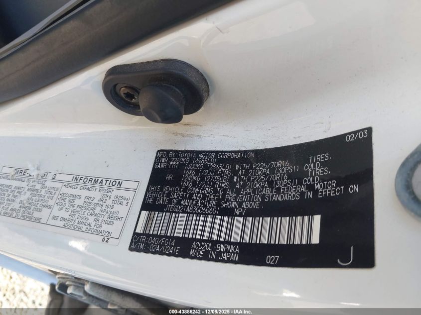 2003 Toyota Highlander VIN: JTEGD21A830060601 Lot: 43886242