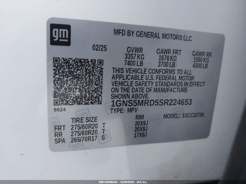 2025 Chevrolet Tahoe 2Wd Ls VIN: 1GNS5MRD5SR224653 Lot: 43886248