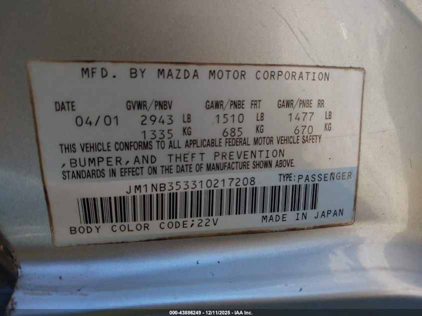 2001 Mazda Mx-5 Miata Ls/Special Edition VIN: JM1NB353310217208 Lot: 43886249