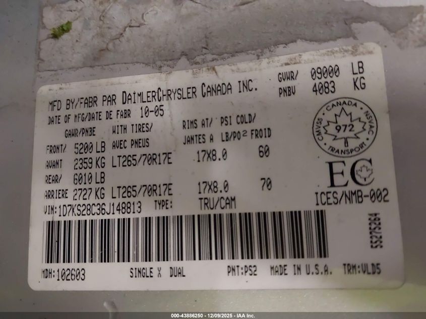 2006 Dodge Ram 2500 Laramie VIN: 1D7KS28C36J148813 Lot: 43886250