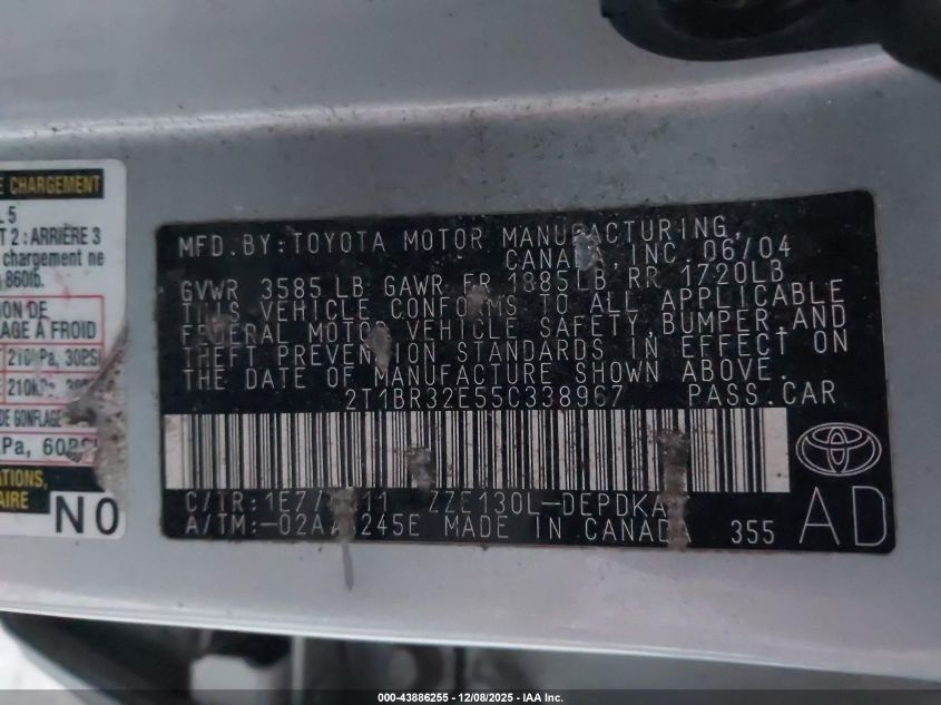 2005 Toyota Corolla Ce VIN: 2T1BR32E55C338967 Lot: 43886255