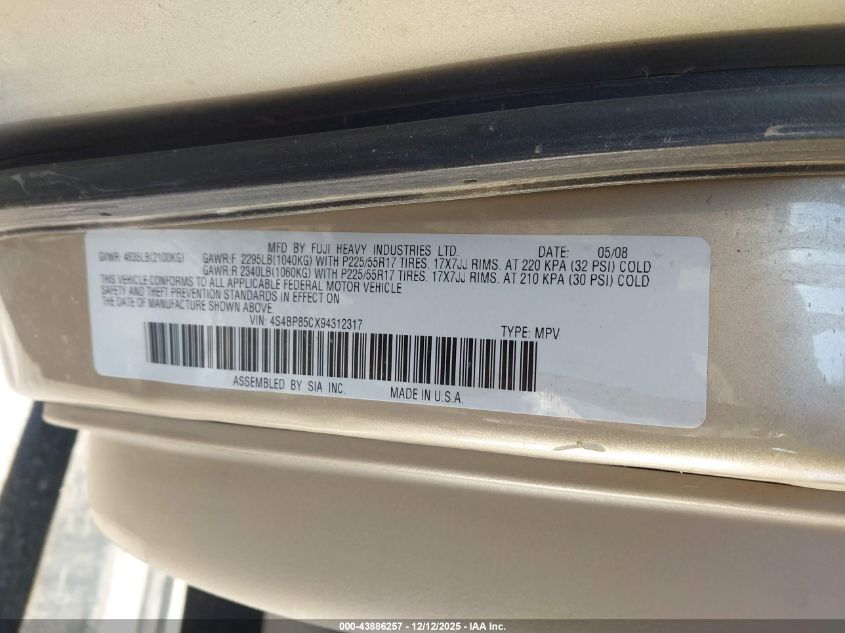 2009 Subaru Outback 3.0R Limited VIN: 4S4BP85CX94312317 Lot: 43886257