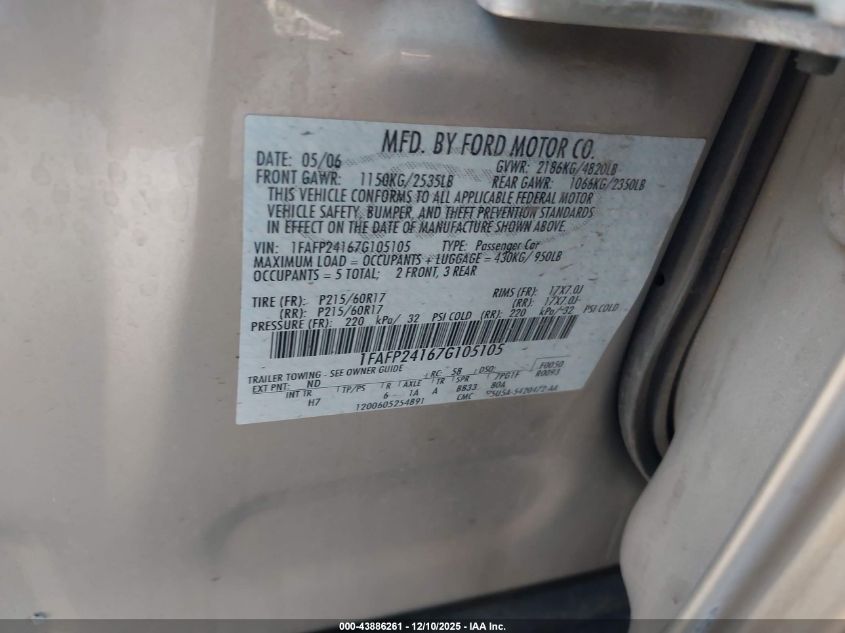 2007 Ford Five Hundred Sel VIN: 1FAFP24167G105105 Lot: 43886261