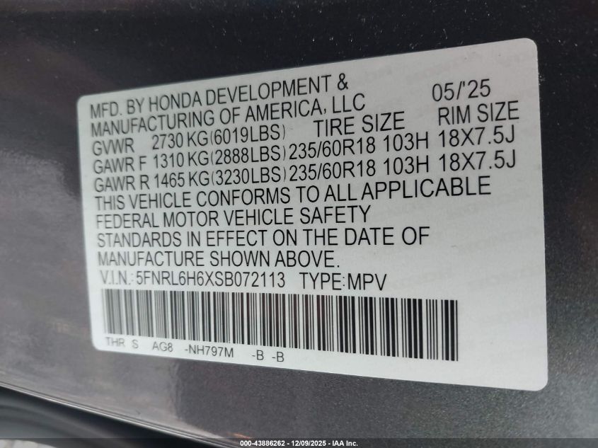 2025 Honda Odyssey Ex-L VIN: 5FNRL6H6XSB072113 Lot: 43886262