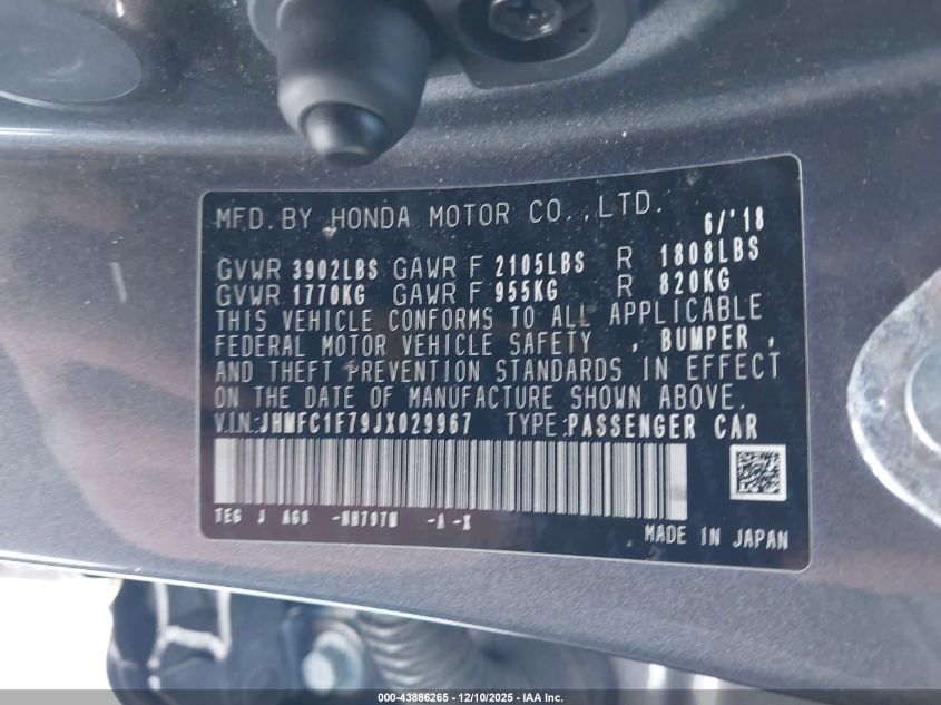 2018 Honda Civic Ex-L VIN: JHMFC1F79JX029967 Lot: 43886265