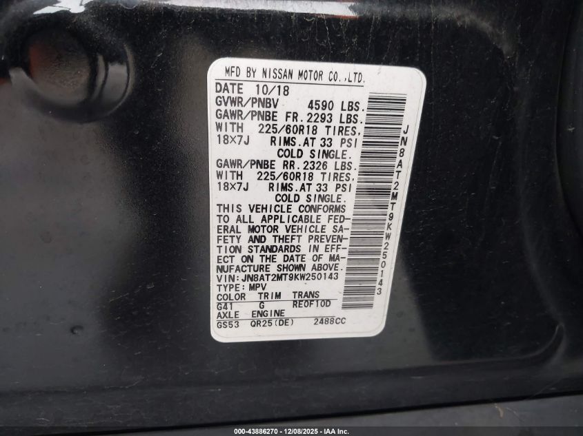 2019 Nissan Rogue Sv VIN: JN8AT2MT9KW250143 Lot: 43886270