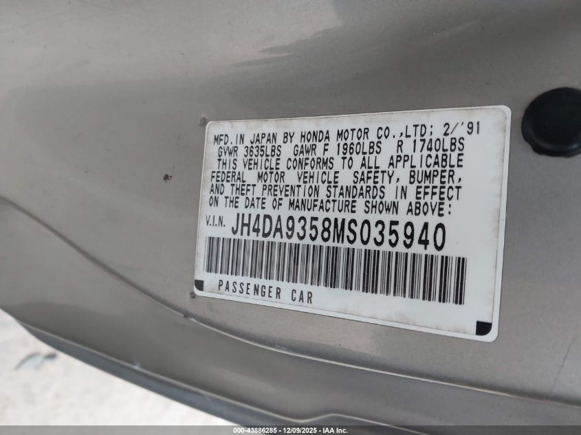 1991 Acura Integra Ls VIN: JH4DA9358MS035940 Lot: 43886285