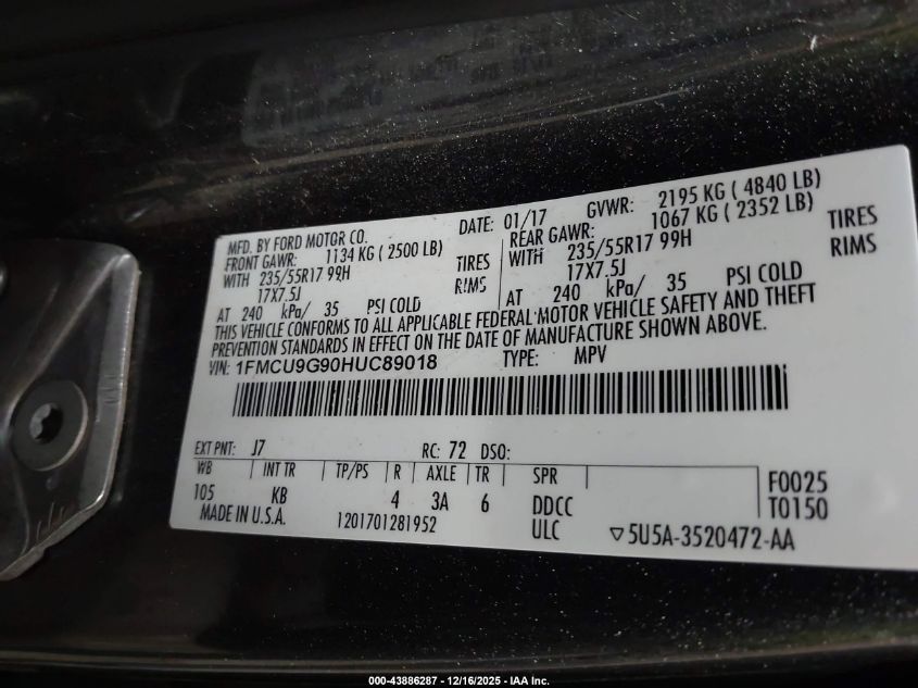 2017 Ford Escape Se VIN: 1FMCU9G90HUC89018 Lot: 43886287