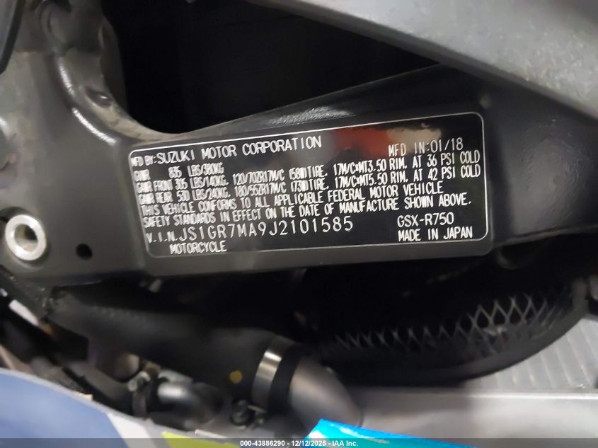 2018 Suzuki Gsx-R750 VIN: JS1GR7MA9J2101585 Lot: 43886290