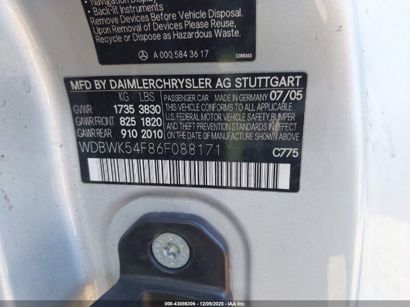 2006 Mercedes-Benz Slk 280 VIN: WDBWK54F86F088171 Lot: 43886306