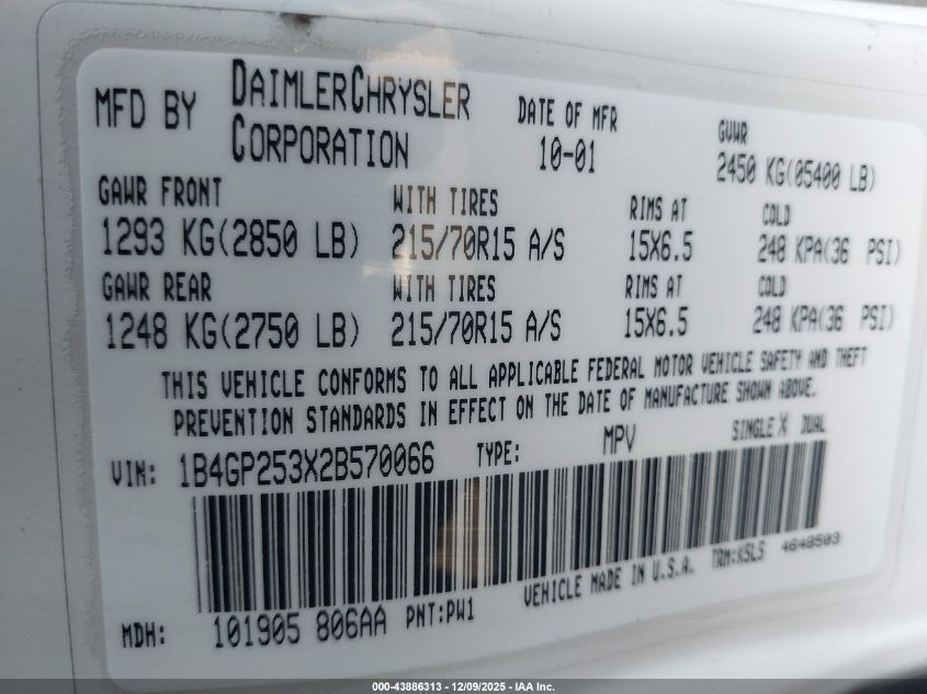2002 Dodge Caravan Se VIN: 1B4GP253X2B570066 Lot: 43886313