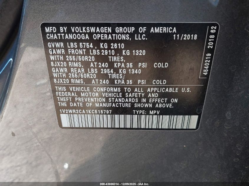 2019 Volkswagen Atlas 3.6L V6 Se W/Technology VIN: 1V2WR2CA1KC515797 Lot: 43886314