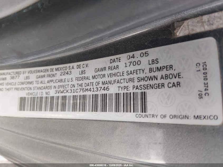 2005 Volkswagen New Beetle Gls VIN: 3VWCK31C75M413746 Lot: 43886316