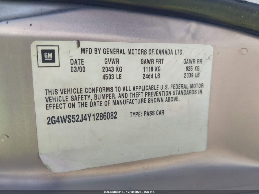 2000 Buick Century Custom VIN: 2G4WS52J4Y1286082 Lot: 43886318