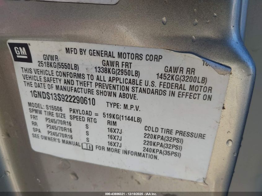 2002 Chevrolet Trailblazer Ls VIN: 1GNDS13S922290610 Lot: 43886321