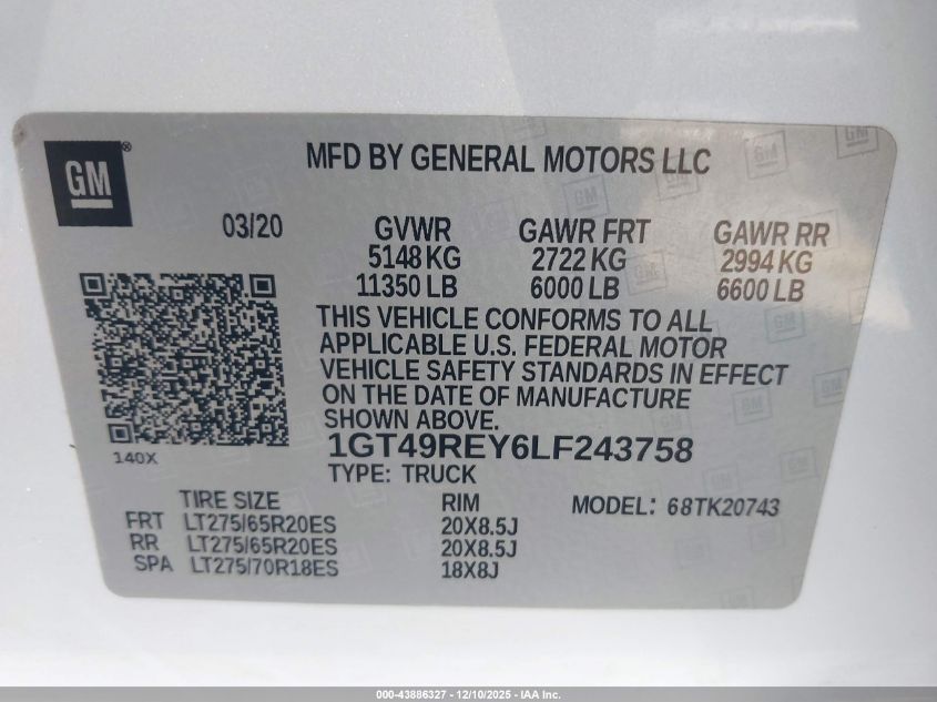 2020 GMC Sierra 2500Hd 4Wd Standard Bed Denali VIN: 1GT49REY6LF243758 Lot: 43886327