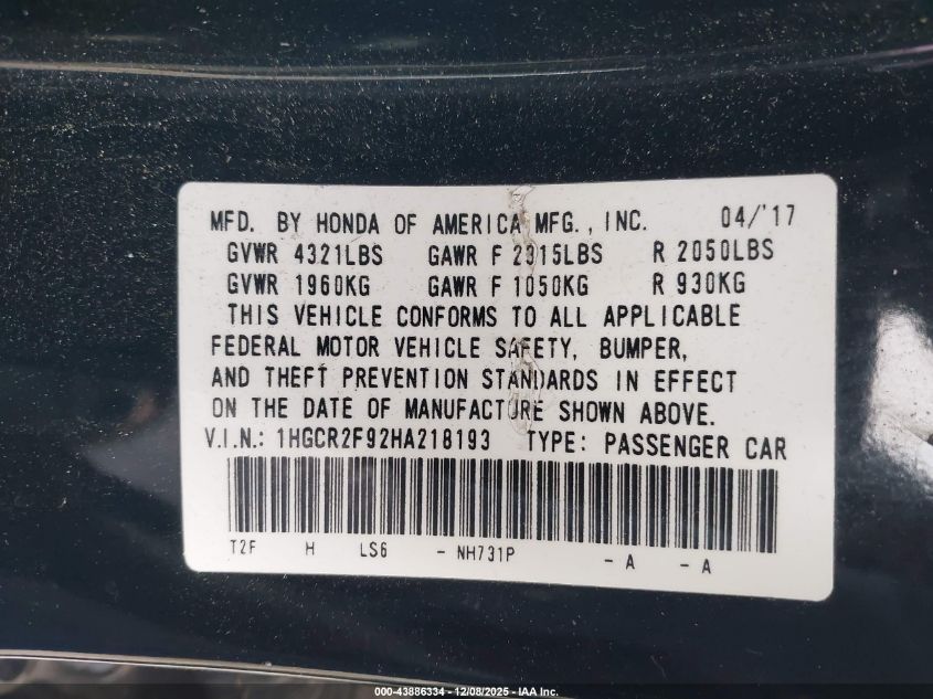 2017 Honda Accord Ex-L VIN: 1HGCR2F92HA218193 Lot: 43886334