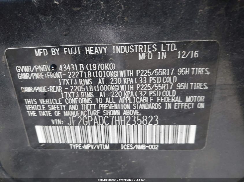 2017 Subaru Crosstrek 2.0I Premium VIN: JF2GPADC7HH235823 Lot: 43886335