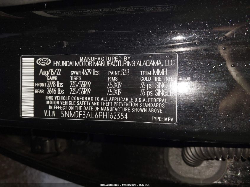 2023 Hyundai Tucson Sel VIN: 5NMJF3AE6PH162384 Lot: 43886342