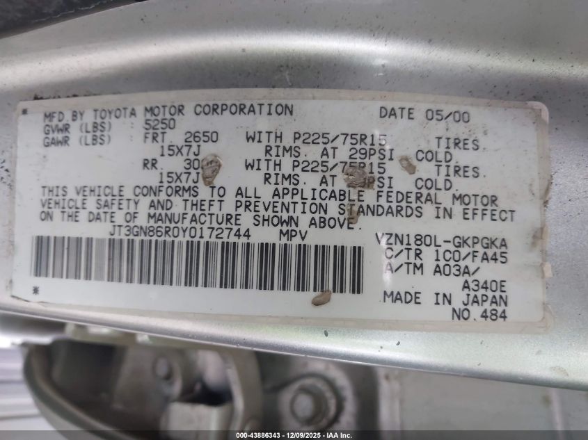2000 Toyota 4Runner Sr5 V6 VIN: JT3GN86R0Y0172744 Lot: 43886343