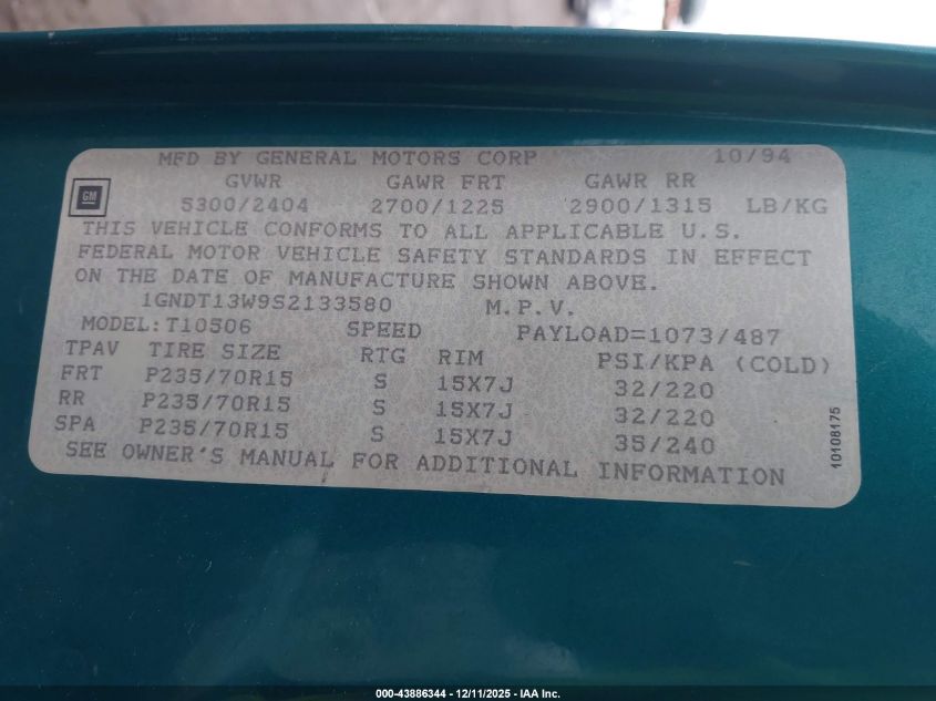 1995 Chevrolet Blazer VIN: 1GNDT13W9S2133580 Lot: 43886344