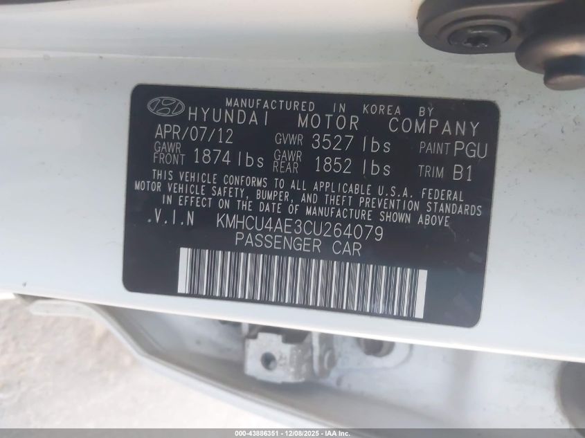 2012 Hyundai Accent Gls VIN: KMHCU4AE3CU264079 Lot: 43886351