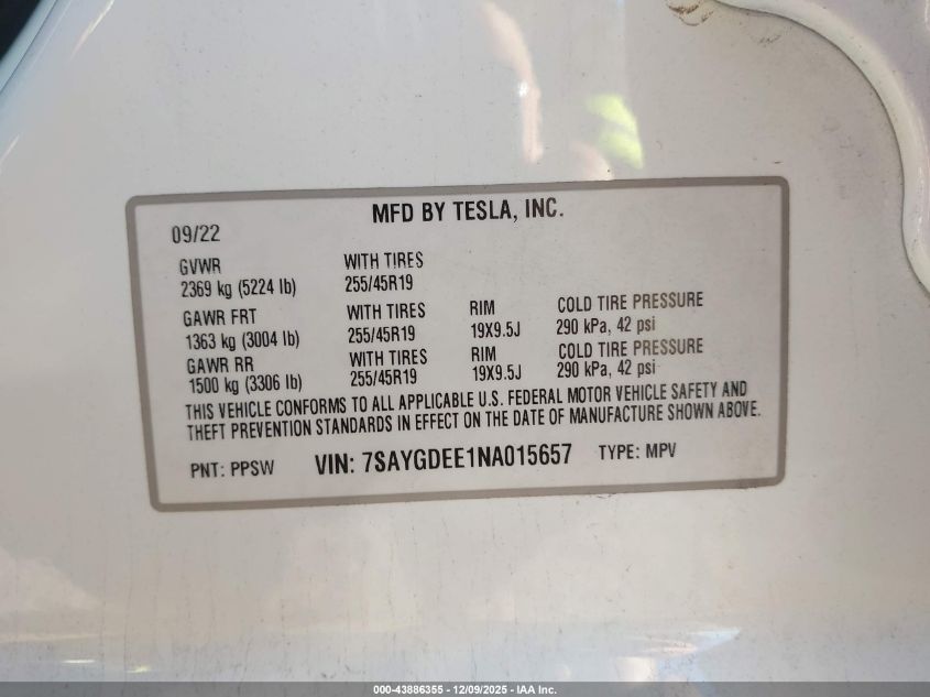 2022 Tesla Model Y Long Range Dual Motor All-Wheel Drive VIN: 7SAYGDEE1NA015657 Lot: 43886355