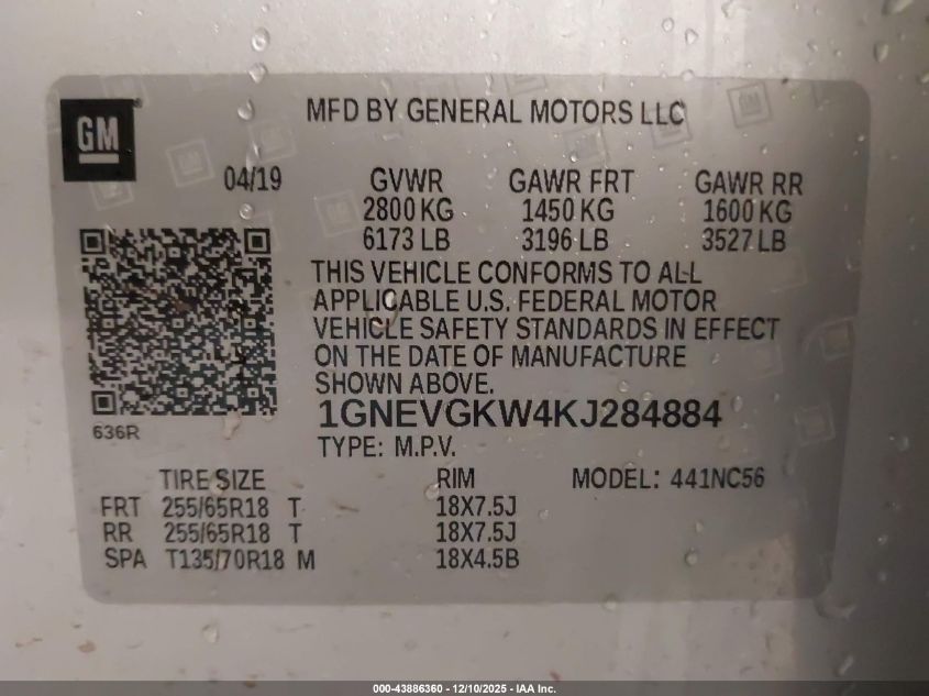 2019 Chevrolet Traverse 1Lt VIN: 1GNEVGKW4KJ284884 Lot: 43886360